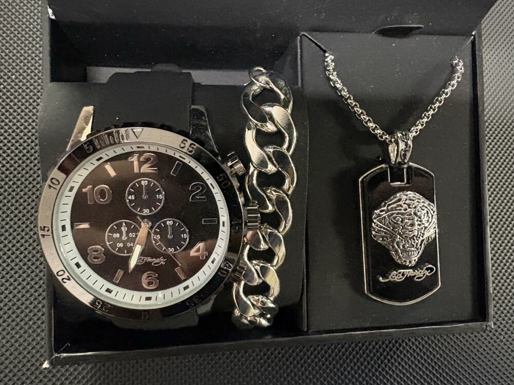 Ed Hardy Signed Stainless Jewelry Set Bracelet Necklace Pendant Silver/Black
